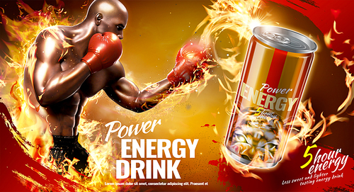 Power energy drink ads with fitness boxer and burning fire effect in 3d illustration