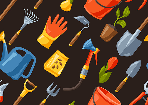 Seamless pattern with garden tools and equipment. Season gardening illustration.