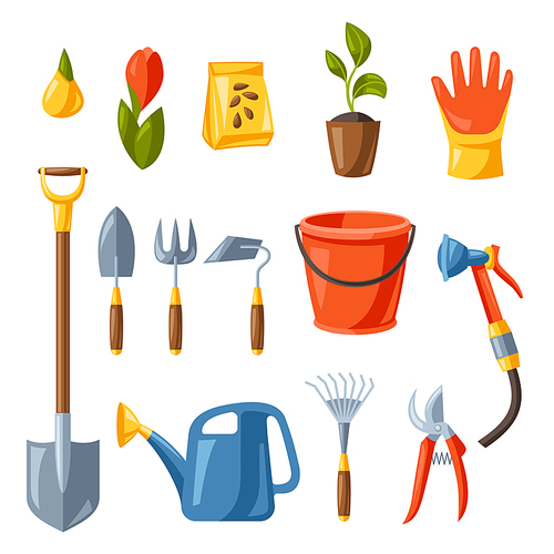 Set of garden tools and equipment. Season gardening illustration.