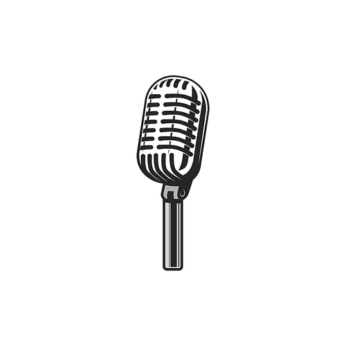 Retro microphone isolated monochrome karaoke symbol. Vector vintage mic, sound recorder instrument