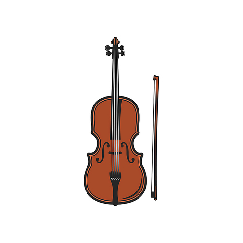 Violin with bow isolated musical instrument. Vector cello, orchestra violoncello, viola or double bass