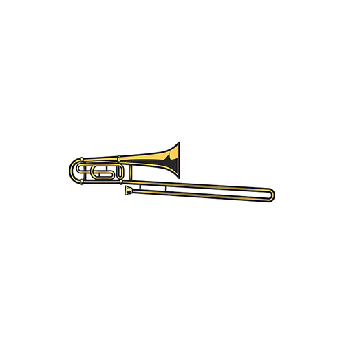 Tenor trombone isolated brass musical instrument. Vector wind aerophone, orchestral woodwind tool