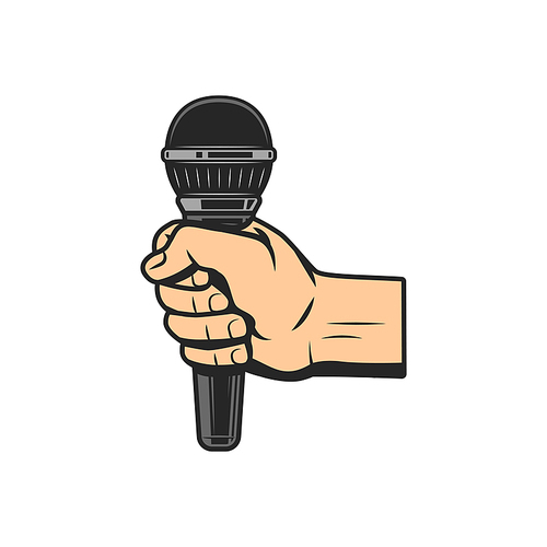 Microphone in hand isolated symbol of karaoke singer. Vector mic, media recording studio sign