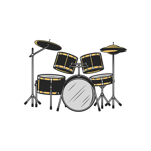 Drum set isolated percussion instrument. Vector kit, bass drums, cymbals drumming equipment