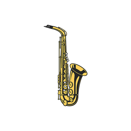 Saxophone isolated woodwind musical instrument. Vector sax or bass clarinet, orchestra trumpet