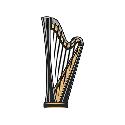 Harp isolated musical instrument. Vector orchestral concert stringed decachord sketch, orchestra play