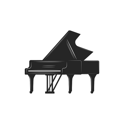 Piano isolated black fortepiano. Vector pianoforte, grand upright piano large keyboard musical instrument