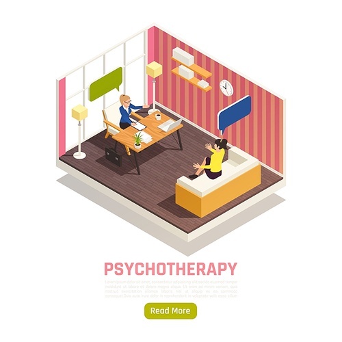 Individual counseling psychotherapy treatment isometric homepage design with psychologist works confidentially with young lady vector illustration