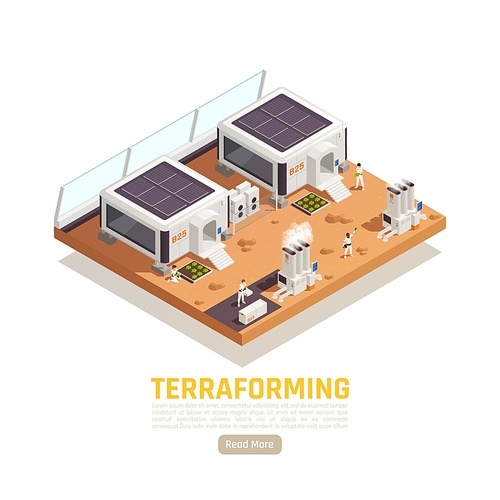 Space colonization terraforming isometric background with planet terrain and living buildings with power plants and people vector illustration