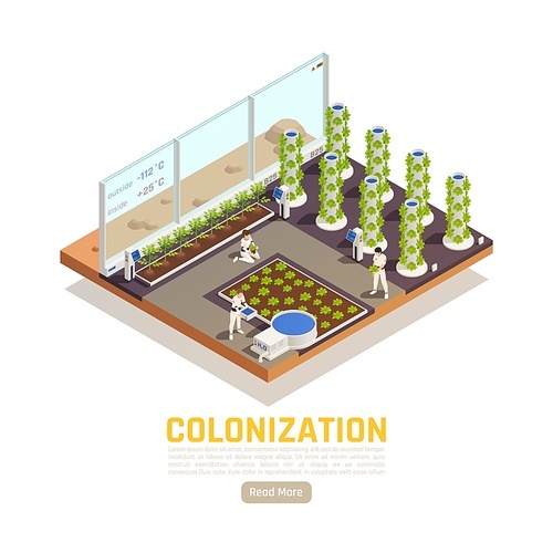 Space colonization terraforming isometric background with people gardening earth plants in hothouse building with extraterrestrial environment vector illustration