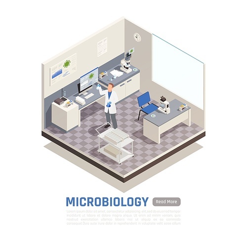 Microbiology laboratory with various equipment and scientist holding flasks 3d isometric vector illustration