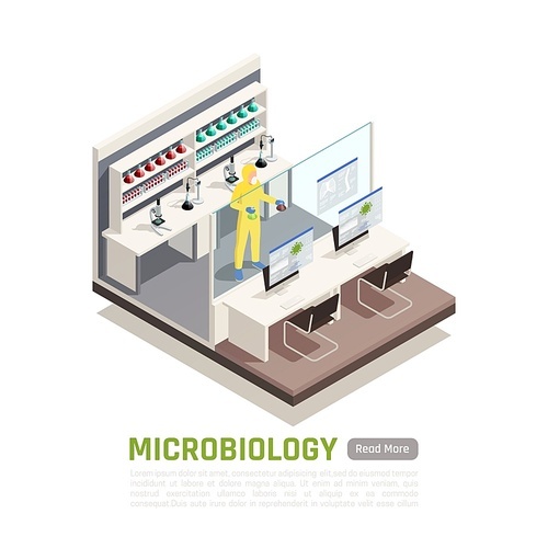 Microbiology isometric composition with scientist in protective suit holding flasks with liquid 3d vector illustration