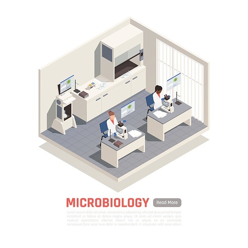 Biotechnology scientists working with microscopes in laboratory 3d isometric vector illustration