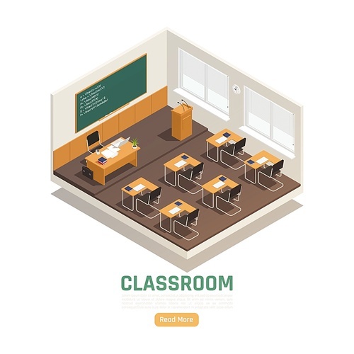 Empty classroom interior in high school with desks table board chair 3d isometric composition vector illustration