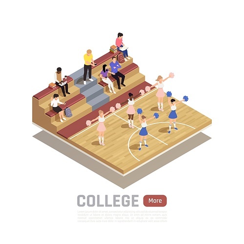 Isometric composition with college cheerleading squad dancing in gym 3d vector illustration