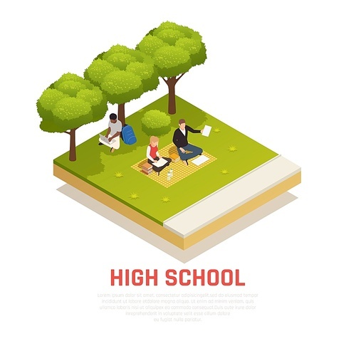 Isometric composition with high school students sitting on lawn reading books outdoors 3d vector illustration