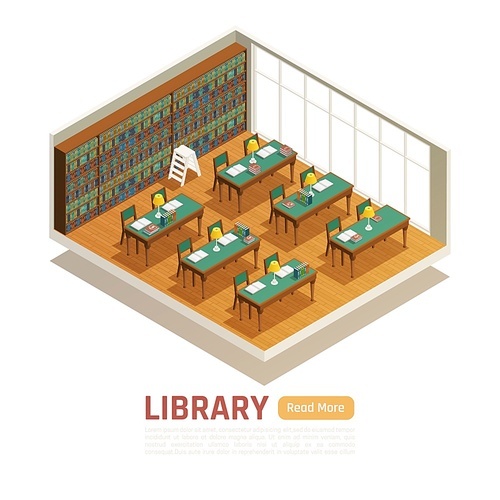 College library interior with tables bookcases and big window 3d isometric vector illustration