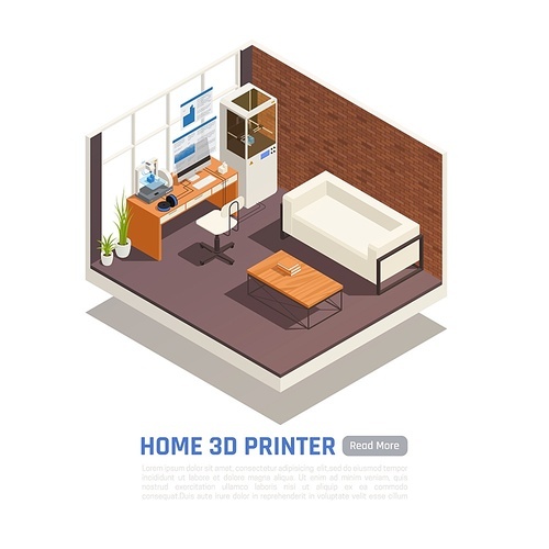 Empty room with home 3d printer printing blue model isometric composition vector illustration