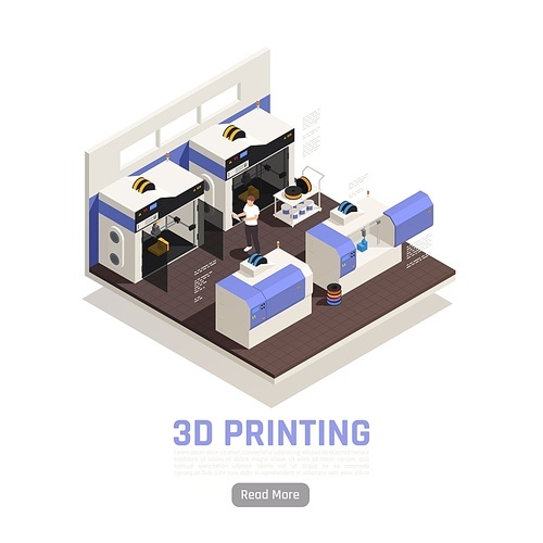 Engineer monitoring printing of big 3d models isometric vector illustration