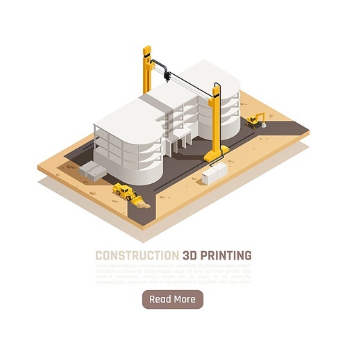 3d printing of many storeyed building process isometric vector illustration
