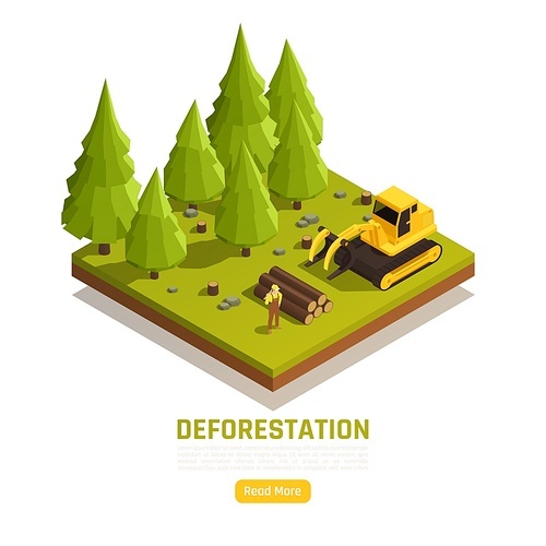 Natural resources timber conversion forest land to farms isometric composition with deforestation trees removal process vector illustration