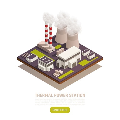 Natural resources web page element with producing electricity thermal power station facility isometric view vector illustration