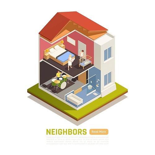 Neighbors relations conflicts baby parents suffering from loud music from below isometric building cutout view vector illustration