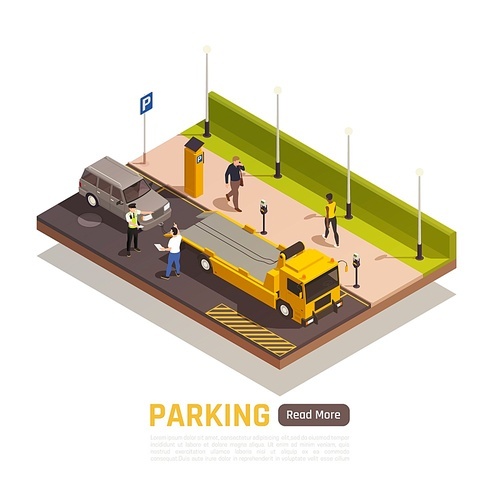 Parallel parking next to curb isometric element with wrong parked vehicle driver dispute with policeman vector illustration