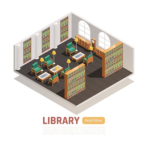 High school library hall with bookcases comfortable armchairs tables lamps isometric composition 3d vector illustration