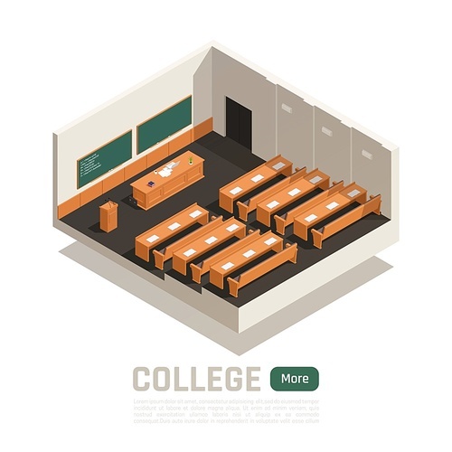 Empty college lecture hall with wooden desks table and two green boards 3d isometric vector illustration