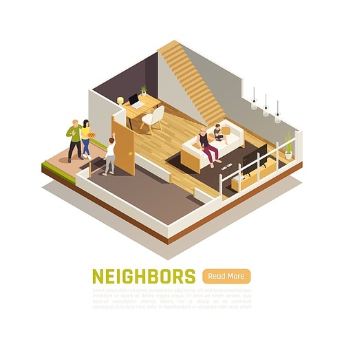Two level house owners friendly relations with neighbors visiting with a treat isometric composition vector illustration