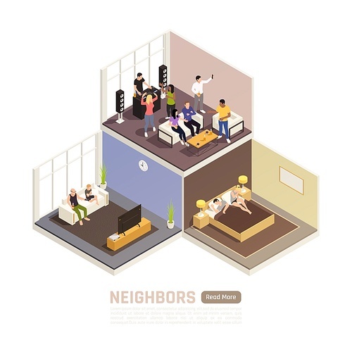 Neighbors relations conflicts couple in bedroom suffering from noisy party upstairs isometric building cutout view vector illustration