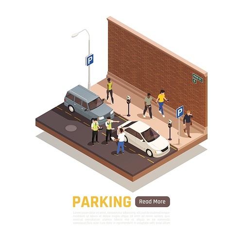 Wrong parking in city street isometric composition with police officers handing penalty note to driver vector illustration