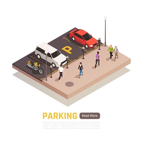 Perpendicular parking along sidewalk isometric web page composition with parked cars motorcycle passing by pedestrians vector illustration