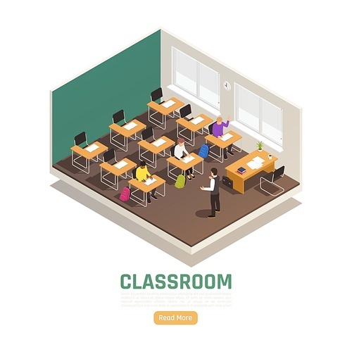 Students and lecturer in high school classroom isometric composition 3d vector illustration