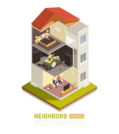Neighbors relations conflicts excessive noise nuisance suffering from loud music isometric building cutout view vector illustration