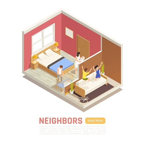 Neighbor relations disputes problems isometric composition with baby parents suffering from noisy next door kids vector illustration