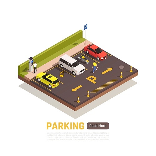 Paid perpendicular parking area for motorcycles cars scooters light vehicles with reserved spaces isometric composition vector illustration
