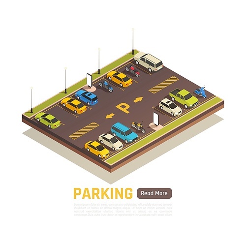 Two rows perpendicular bay parking with yellow road surface markings for cars motorcycles scooters isometric vector illustration