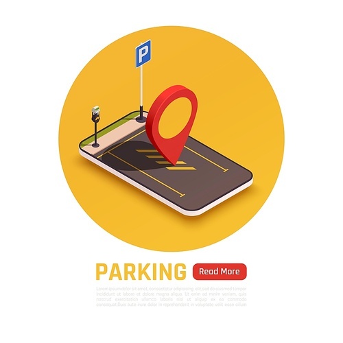 Parking fast and easy with mobile app isometric composition with location on smartphone screen website vector illustration