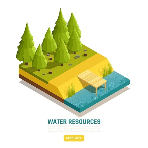 Natural water resources online info isometric composition with pond lake river element at forest edge vector illustration