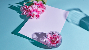 Composition with a white blank leaf decorated with a round vase with a flower and a bouquet of tulips with shadows on a blue background. Greeting card with a copy space for your ideas