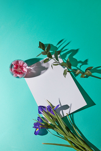 A bouquet of irises on a green background with a glass vase and a white paper from copy space, top view