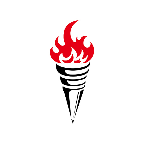 Flaming torch icon isolated sport mascot. Vector burning flame, symbol of championship