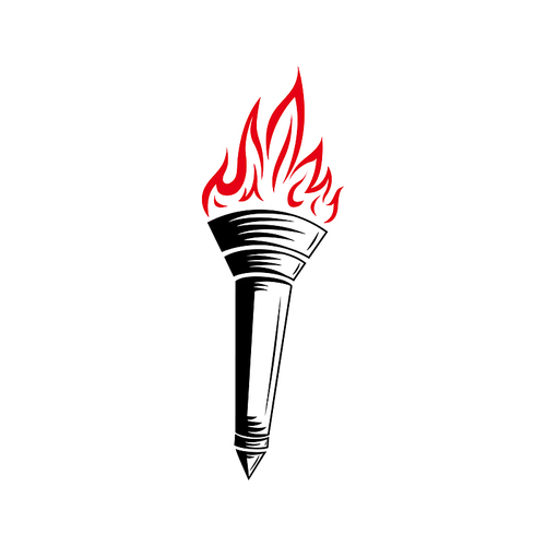 Flaming torch icon isolated sport mascot. Vector burning flame, symbol of championship