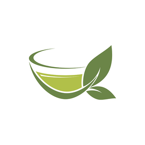 Hot Ceylon or Chinese green tea in cup isolated logo. Vector herbal drink with organic leaves