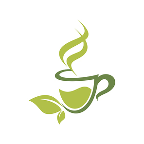 Herbal floral tea with green leaves isolated logo. Vector mug of hot steaming drink with organic herbs