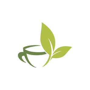 Hot Ceylon or Chinese green tea in cup isolated logo. Vector herbal drink with organic leaves