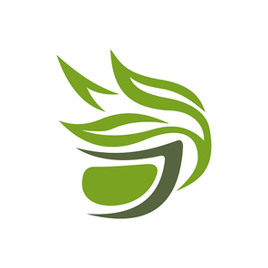 Hot Ceylon or Chinese green tea in cup isolated logo. Vector herbal drink with organic leaves