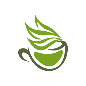 Hot Ceylon or Chinese green tea in cup isolated logo. Vector herbal drink with organic leaves